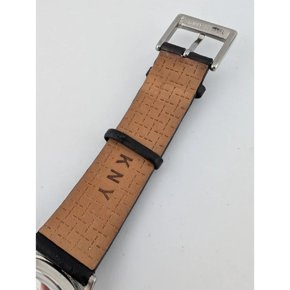 DKNY Watch‎ Women 36mm Silver Case Black Leather Band- New Battery